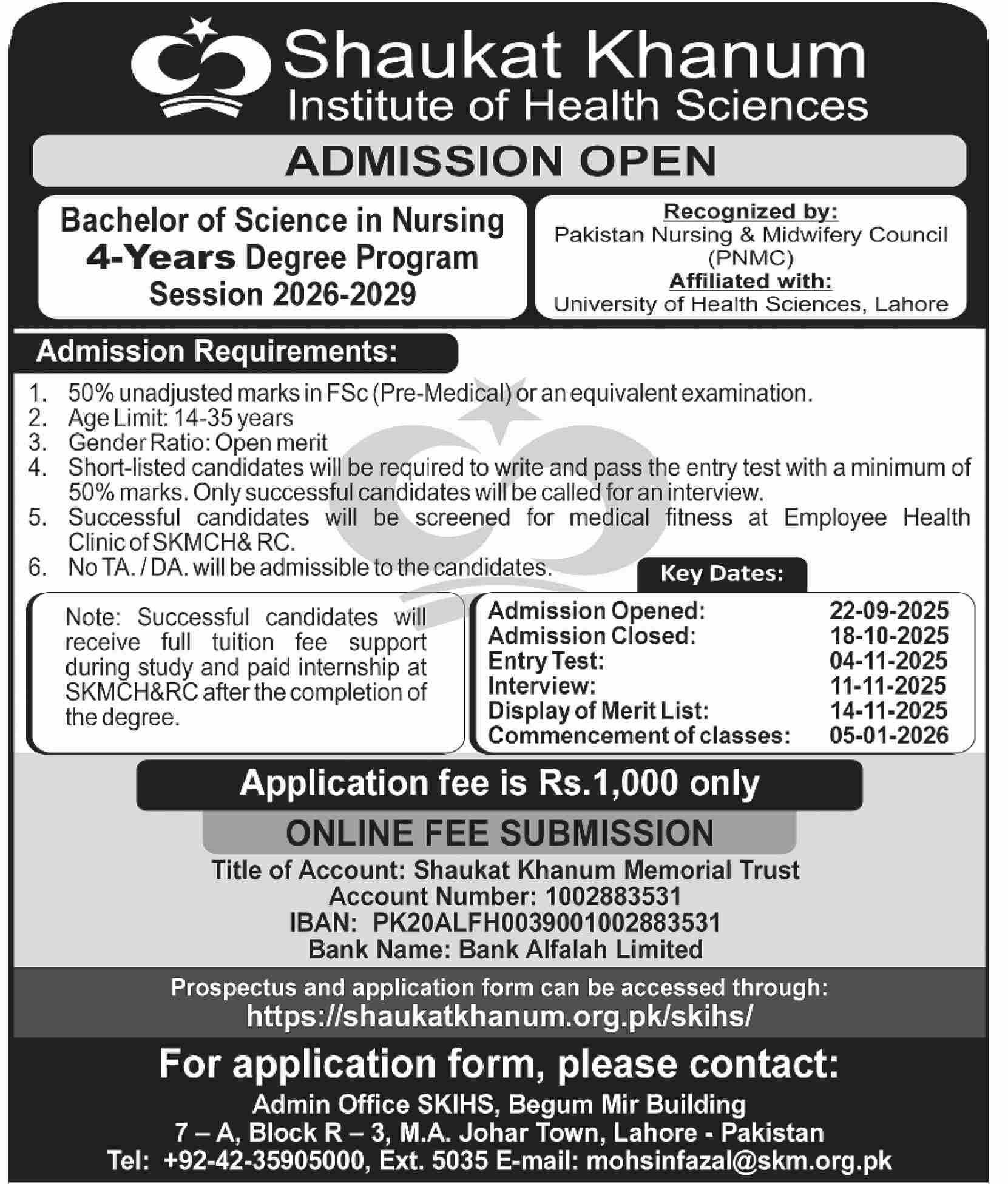 Admission Open in Shaukat Khanum Institute of Health Sciences Lahore